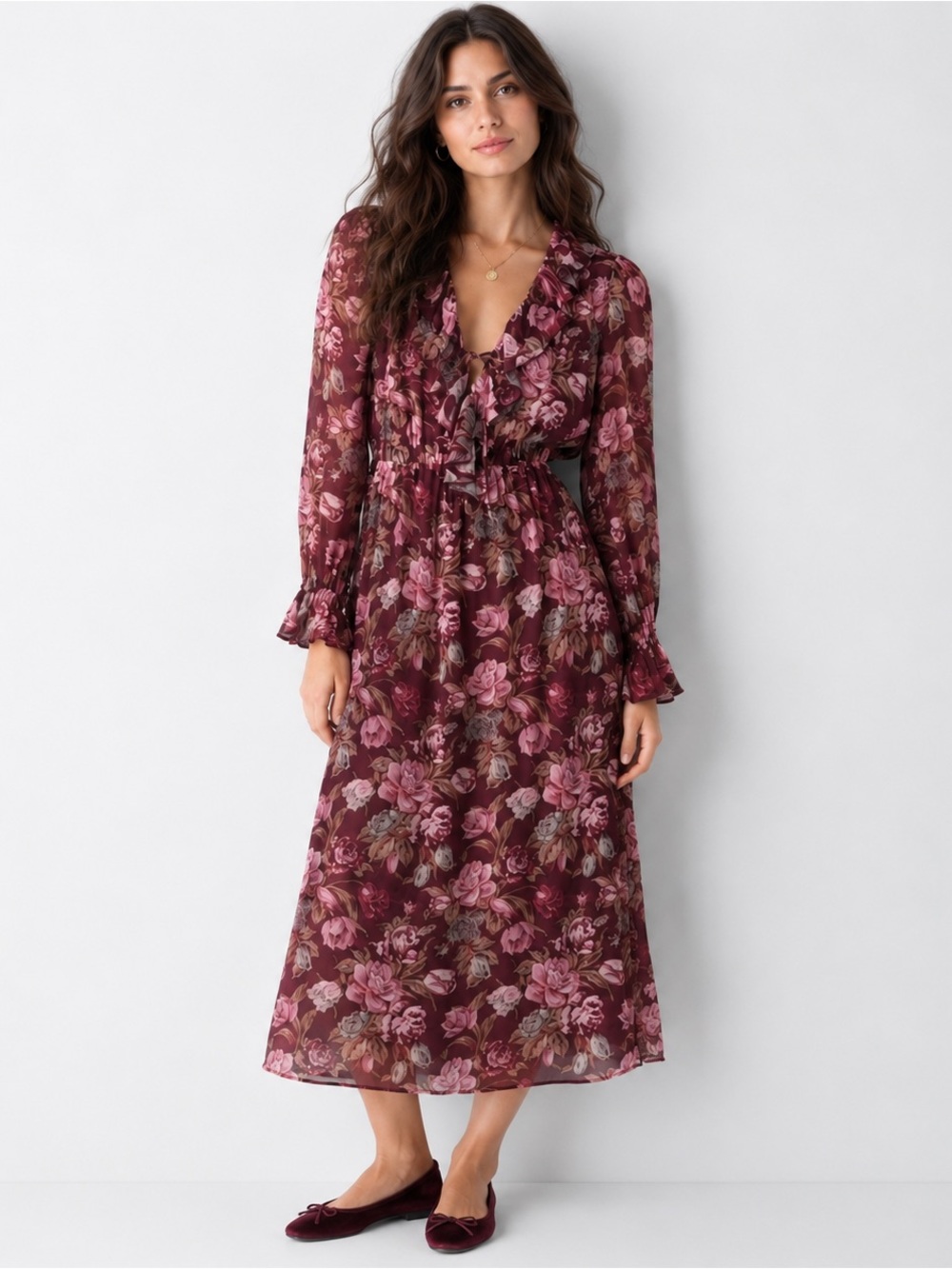 NWT Wilfred Aritzia Brontë Dress XS Floral Crinkle Chiffon Ruffle Midi Cordovan